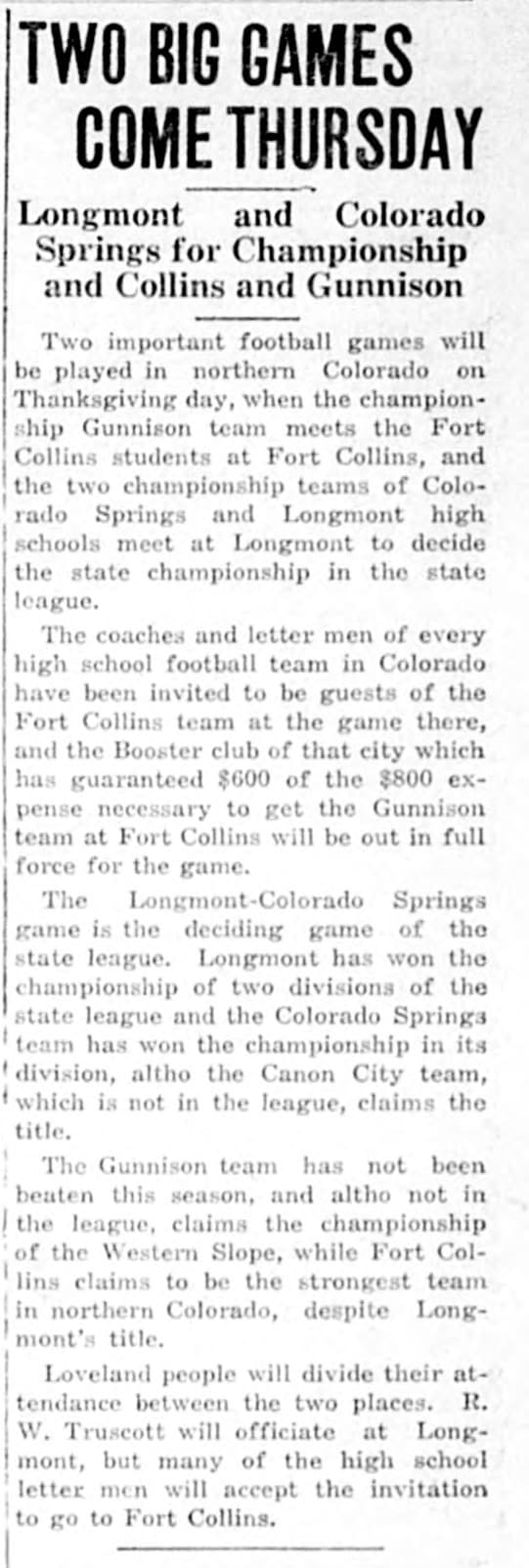 Loveland Reporter clipping, November 22, 1921: Two Big Games Come Thursday — Longmont and Colorado Springs for the state championship