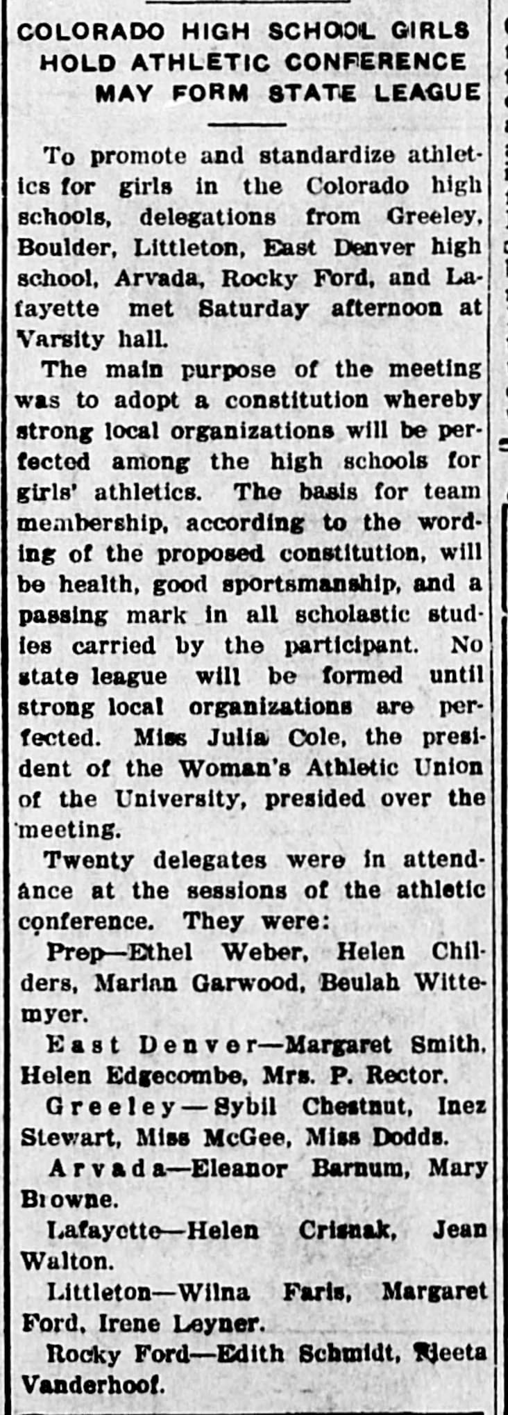 Boulder Daily Camera clipping, April 10, 1922: Colorado High School Girls Hold Athletic Conference