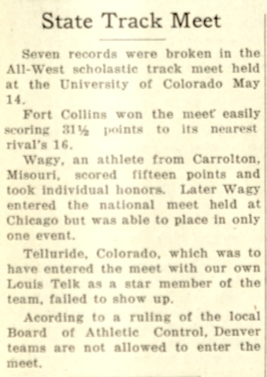 Newspaper clipping: State Track Meet — All-West scholastic meet at the University of Colorado, Fort Collins wins