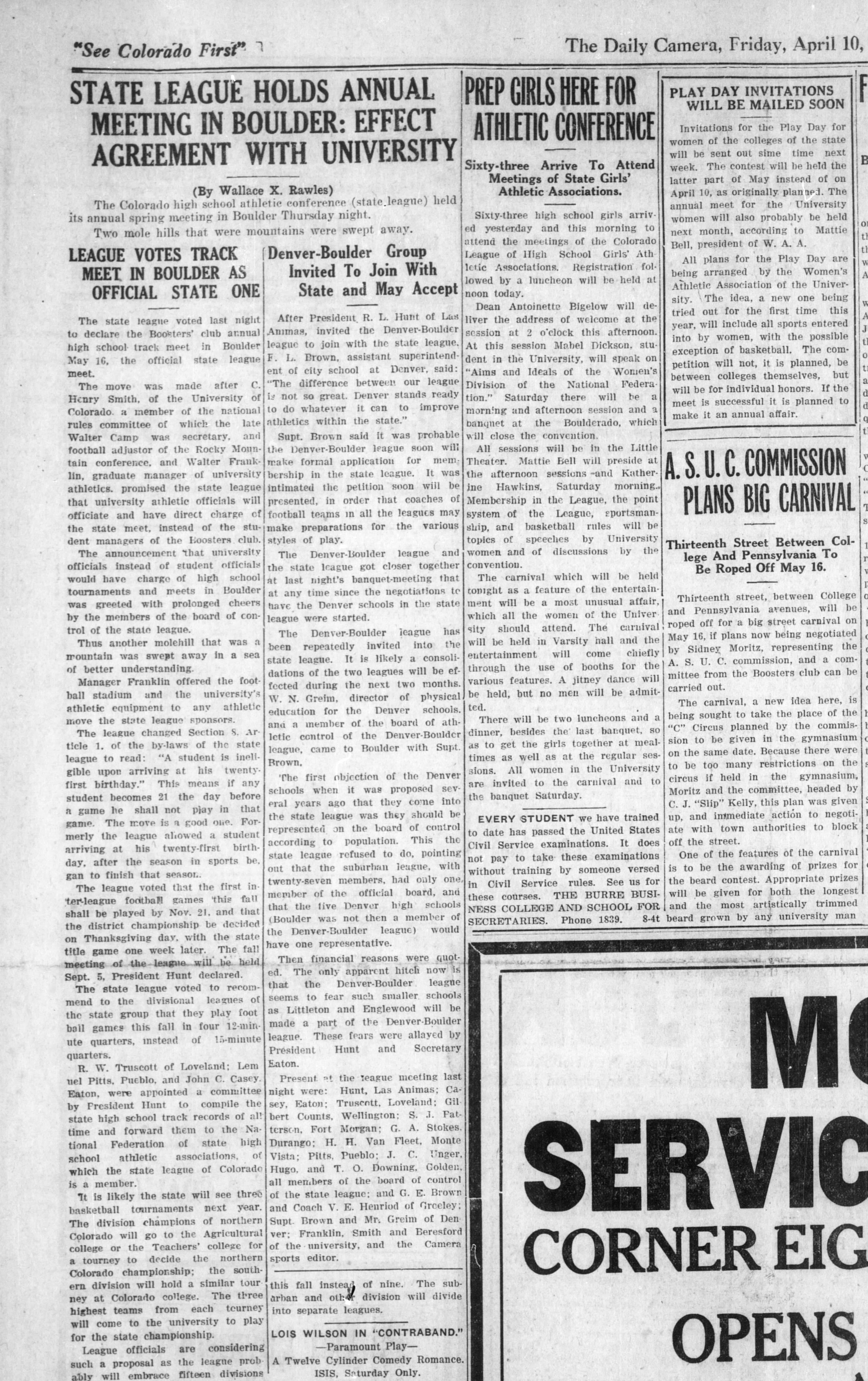 Boulder Daily Camera clipping, April 10, 1925: State League Holds Annual Meeting in Boulder