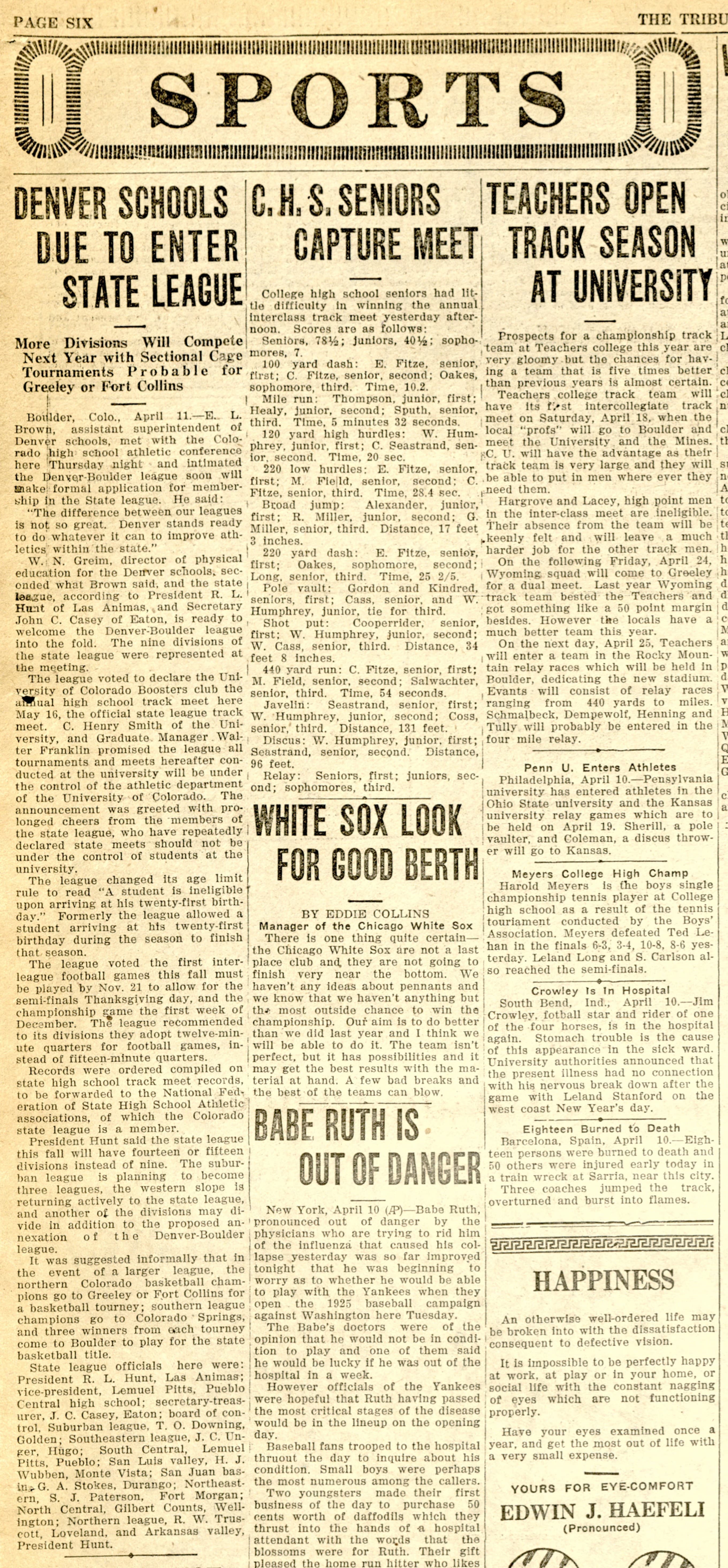 Greeley Tribune clipping, April 11, 1925: Denver schools due to enter state league