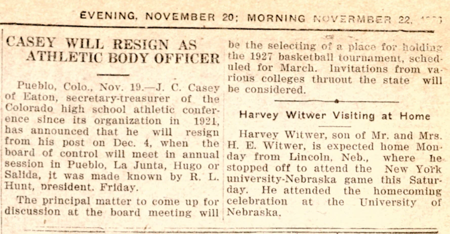 Greeley Tribune clipping, November 20, 1926: Casey Will Resign as Athletic Body Officer