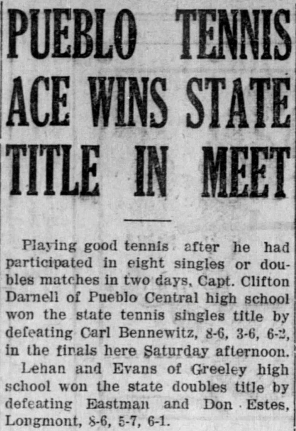 Rocky Mountain News clipping on the 1927 state high school tennis meet — singles and doubles titles