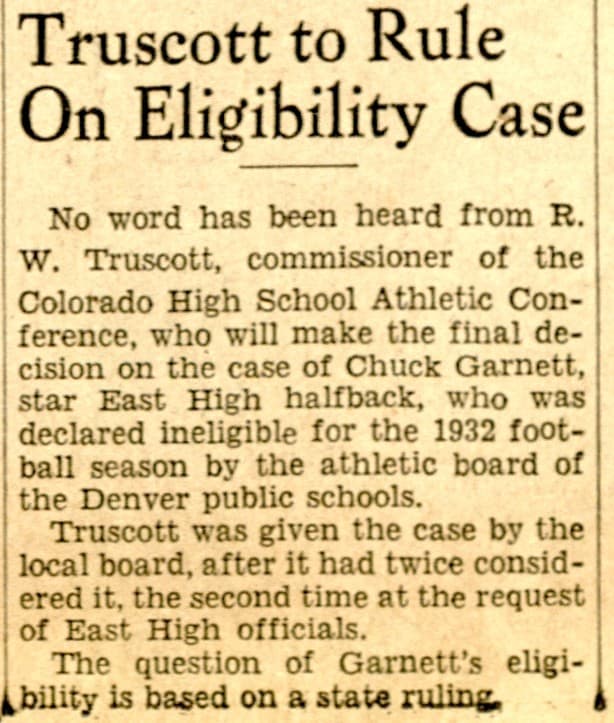 Rocky Mountain News clipping, October 4, 1932: Truscott to Rule On Eligibility Case