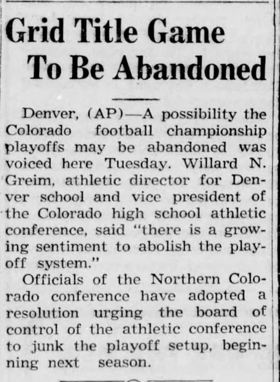 Newspaper clipping, March 1937: Grid Title Game To Be Abandoned