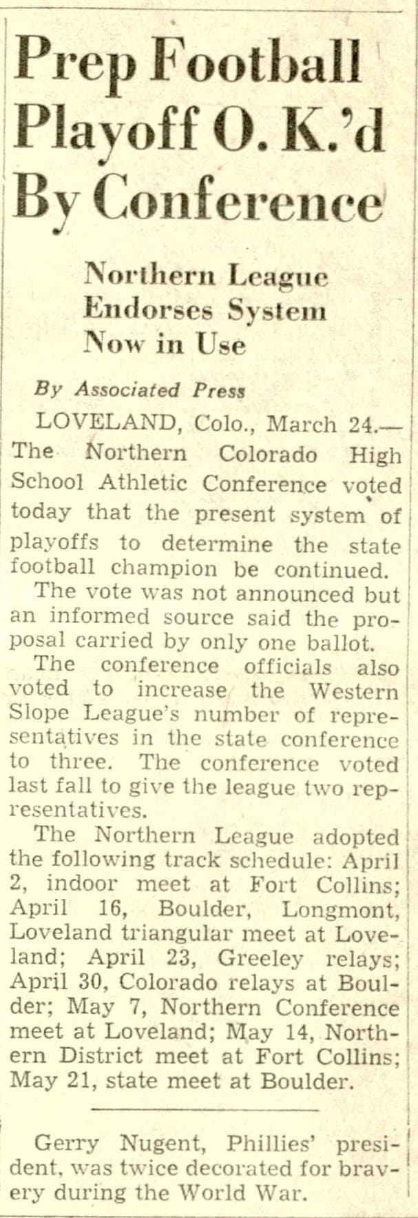 Rocky Mountain News clipping, March 1938: Prep Football Playoff O.K.'d By Conference