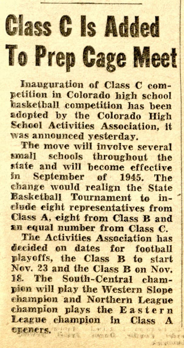 Rocky Mountain News clipping, September 24, 1944: Class C Is Added To Prep Cage Meet