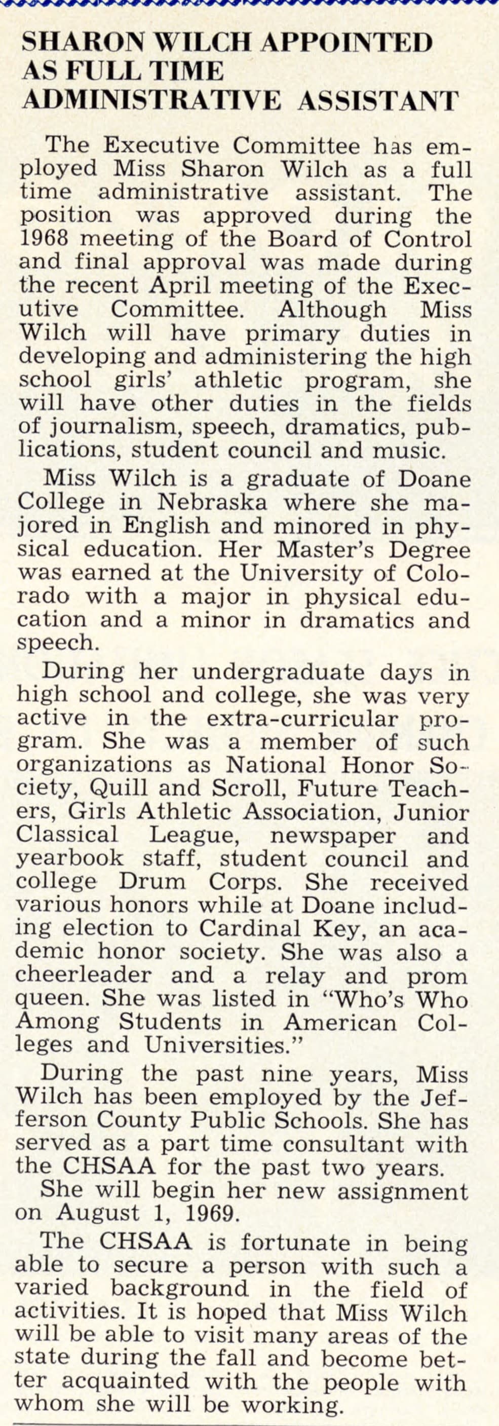 Colorado Interscholastic clipping about Sharon Wilch joining CHSAA, May 1, 1969