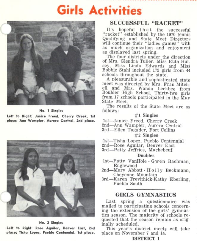 Colorado Interscholastic Girls Activities page on the 1970 girls state tennis tournament, with photos of singles finalists