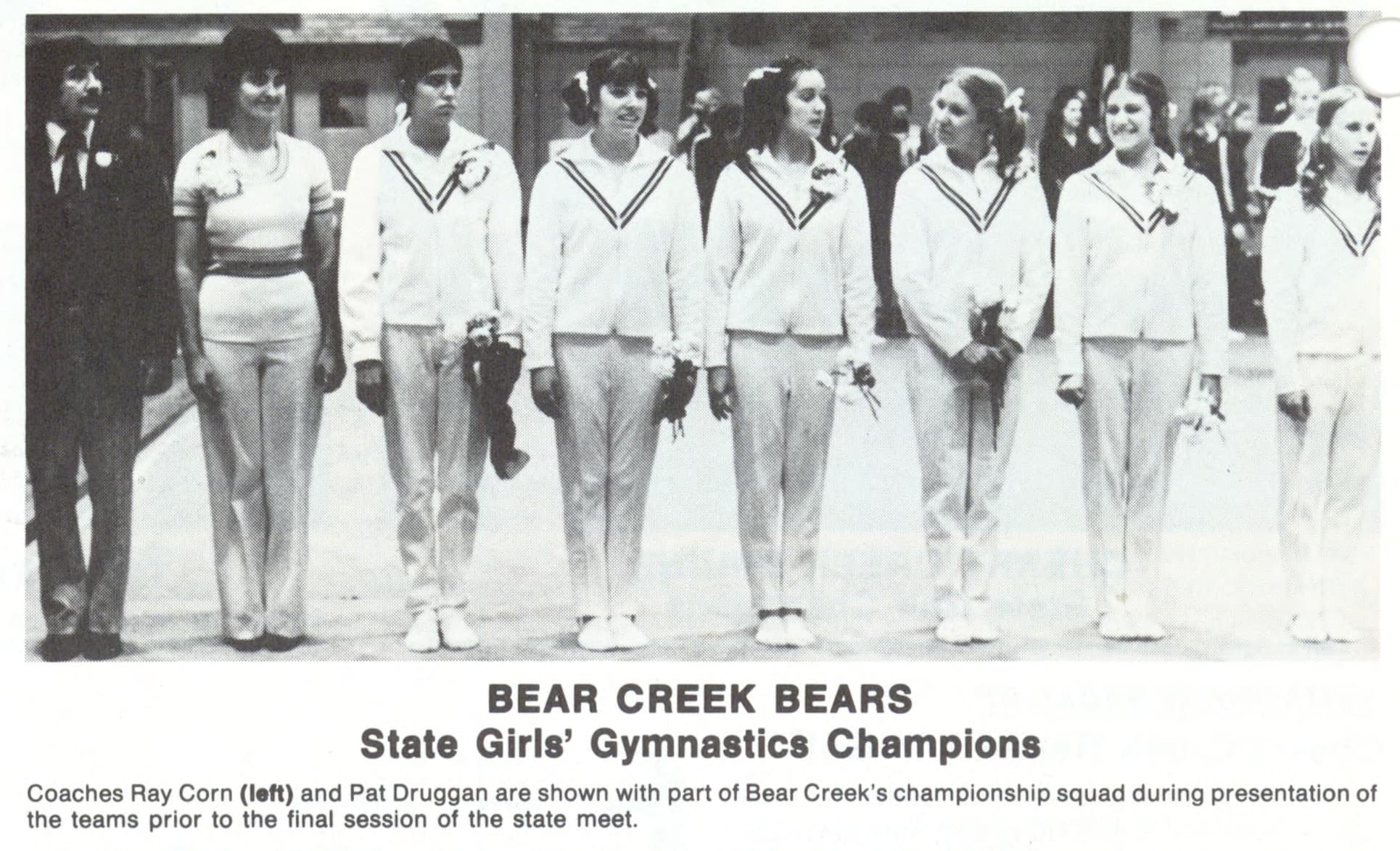Bear Creek Bears, state girls gymnastics champions, with coaches Ray Corn and Pat Druggan