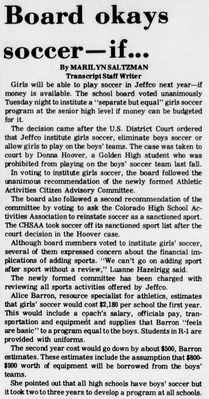 Golden Transcript clipping: Board okays soccer