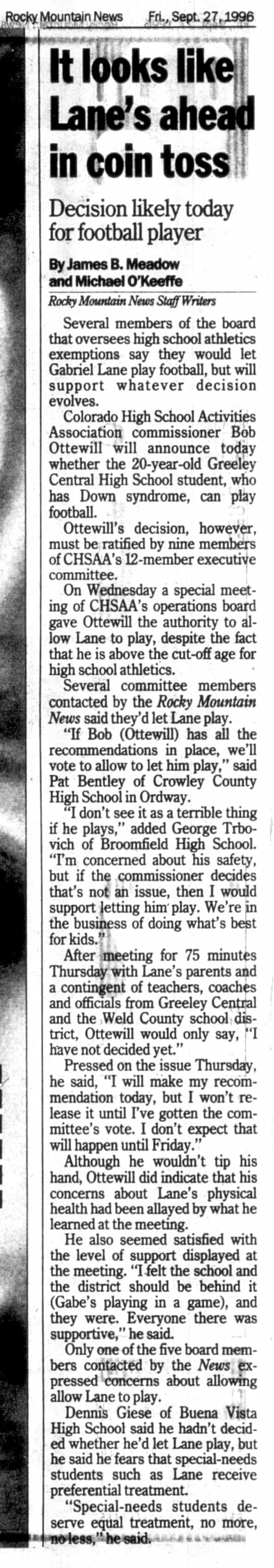 Rocky Mountain News clipping, September 27, 1996: It looks like Lane's ahead in coin toss — Decision likely today for football player
