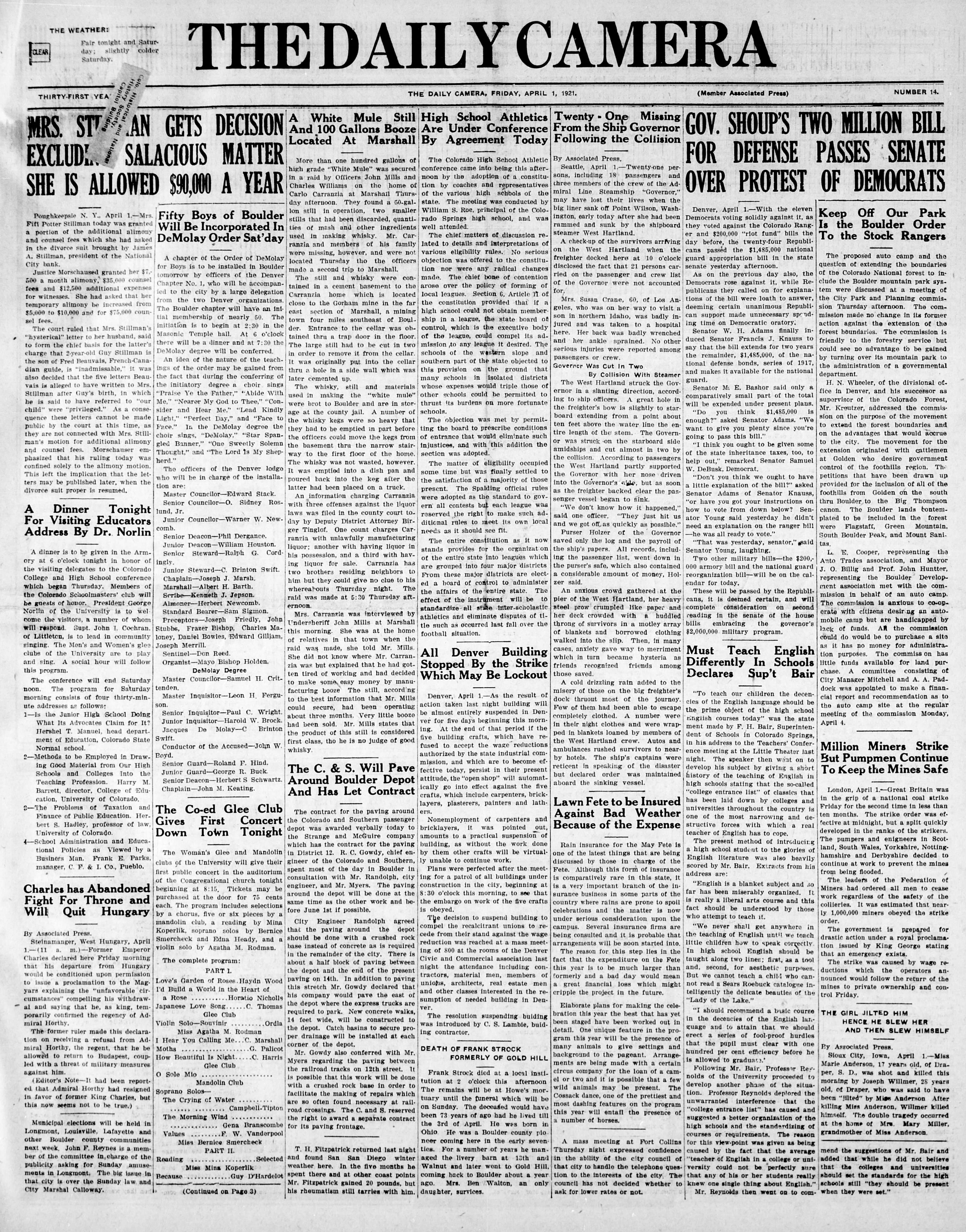 Front page of the Boulder Daily Camera, April 1, 1921, reporting on the adoption of the Colorado High School Athletic Conference constitution