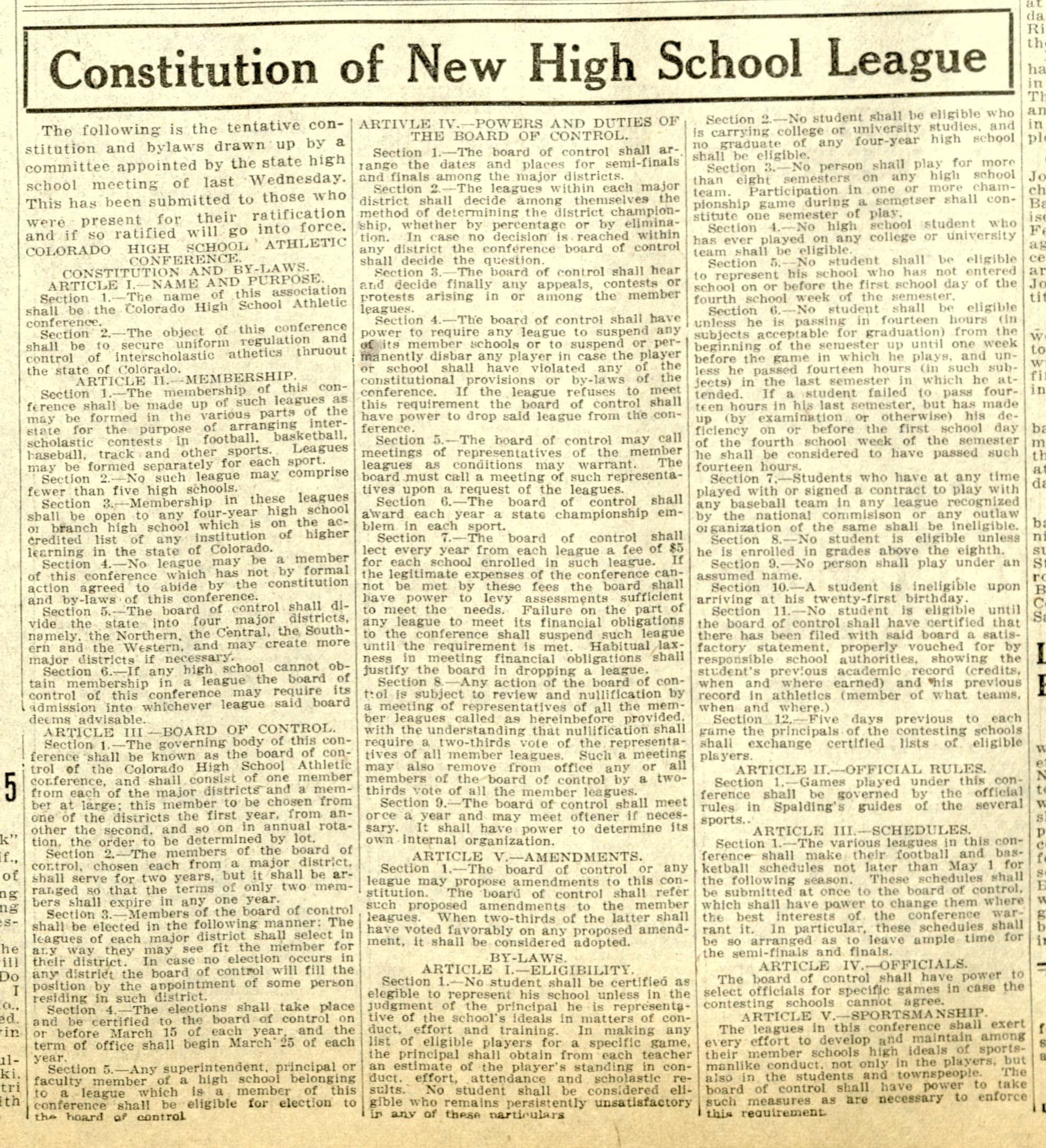 Rocky Mountain News coverage of the Colorado High School Athletic Conference constitution, January 3, 1921