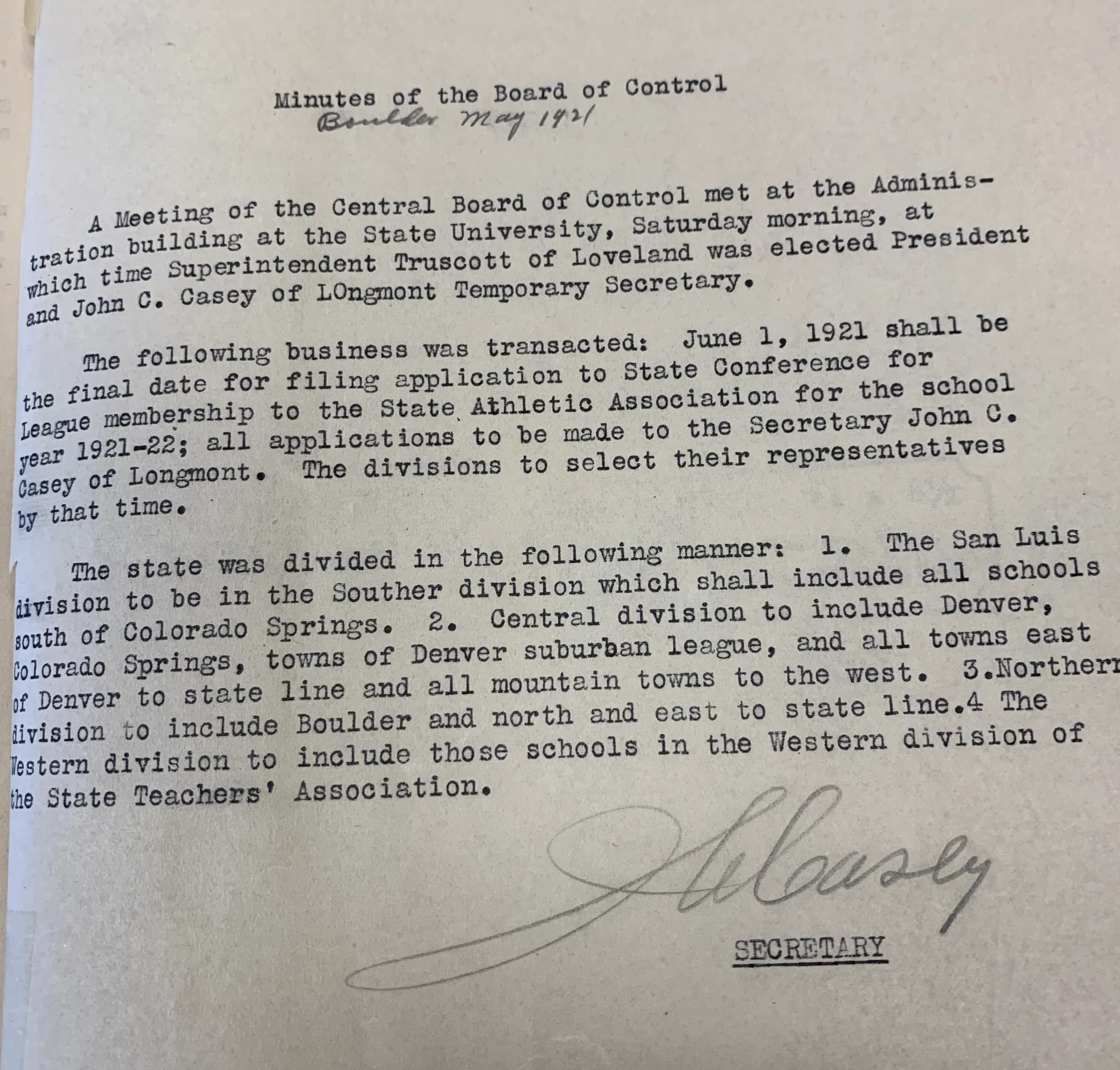First Minutes of the Board of Control document
