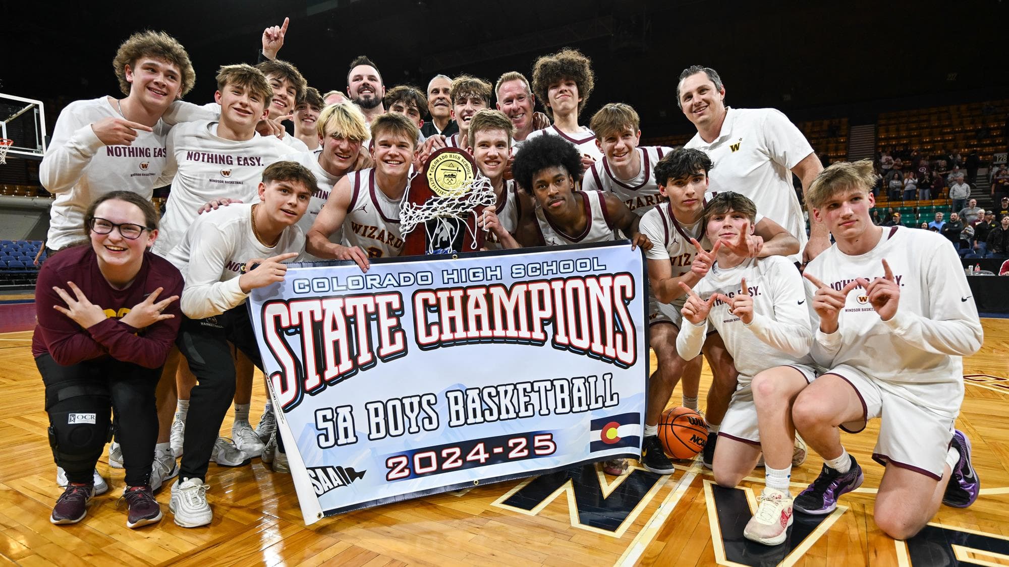 Windsor team photo after winning the 2025 5A boys basketball state championship.