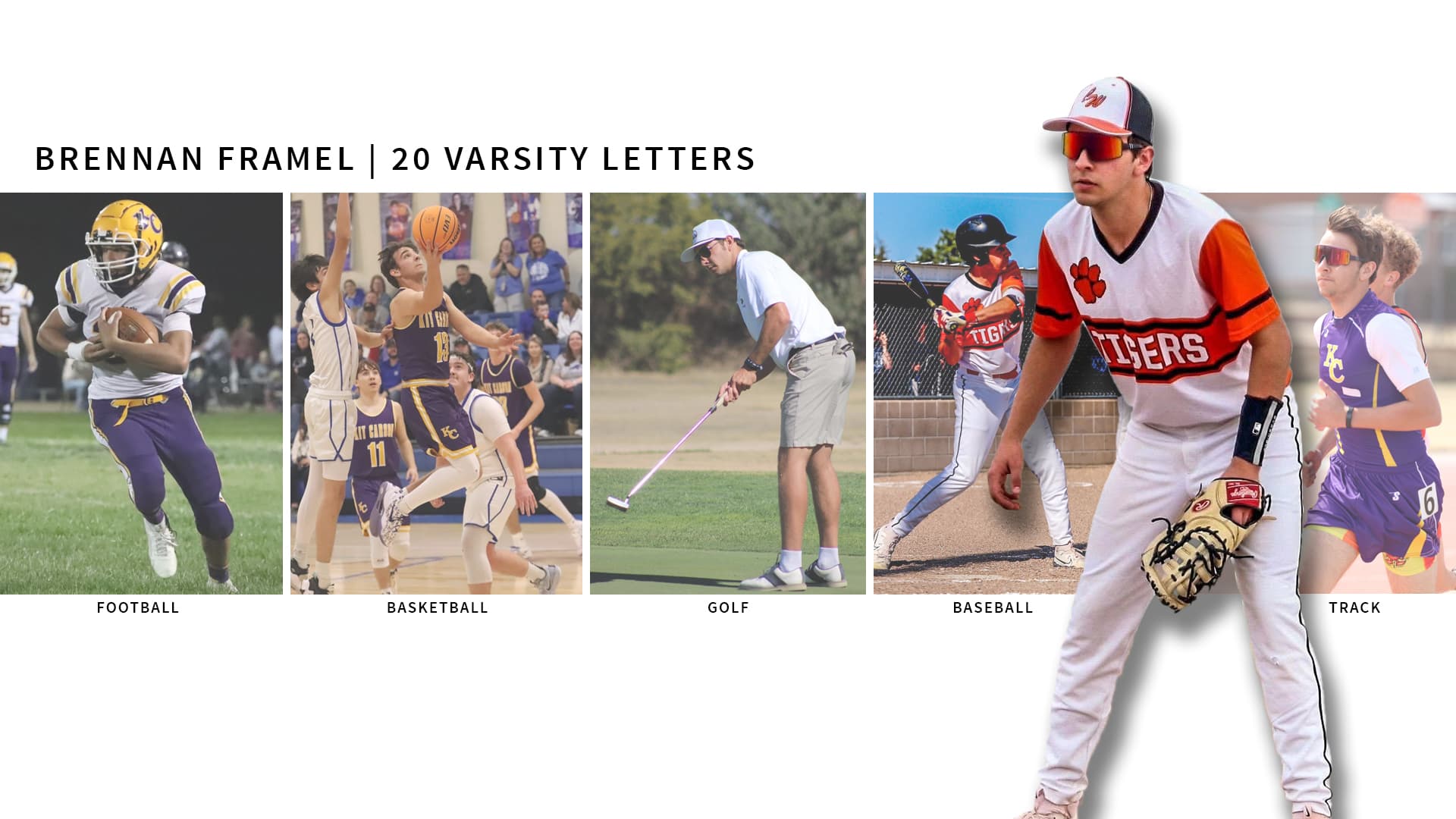 Graphic with photos of Brennan Framel playing football, basketball, golf and track & field