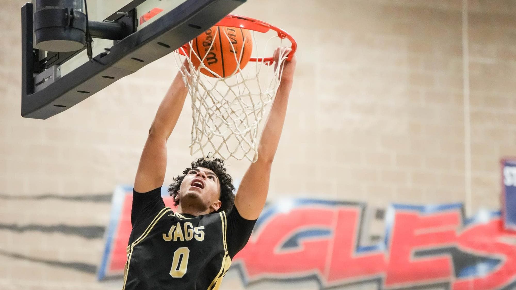 Jacob David of Rock Canyon dunks the basketball