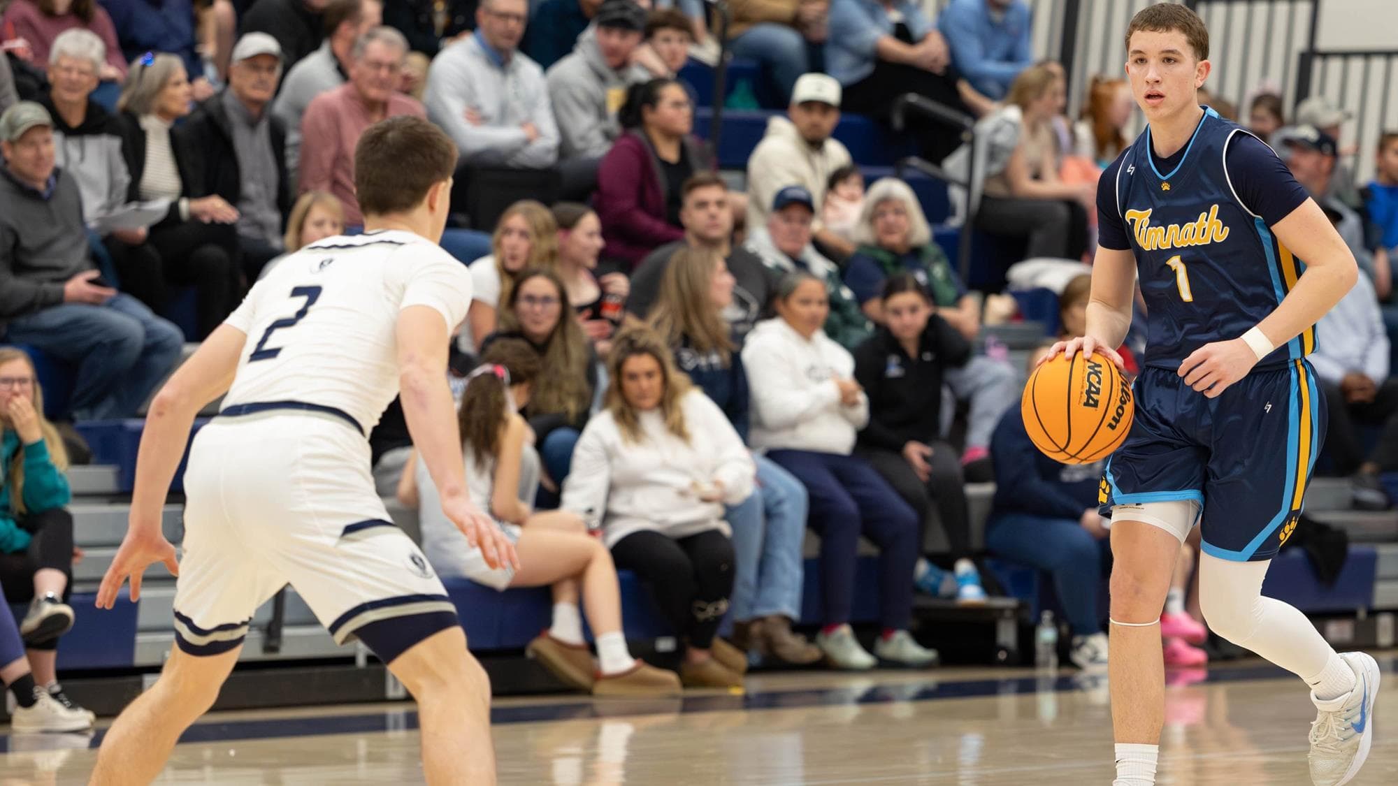 Jack Hemme of Timnath dribbling the basketball.