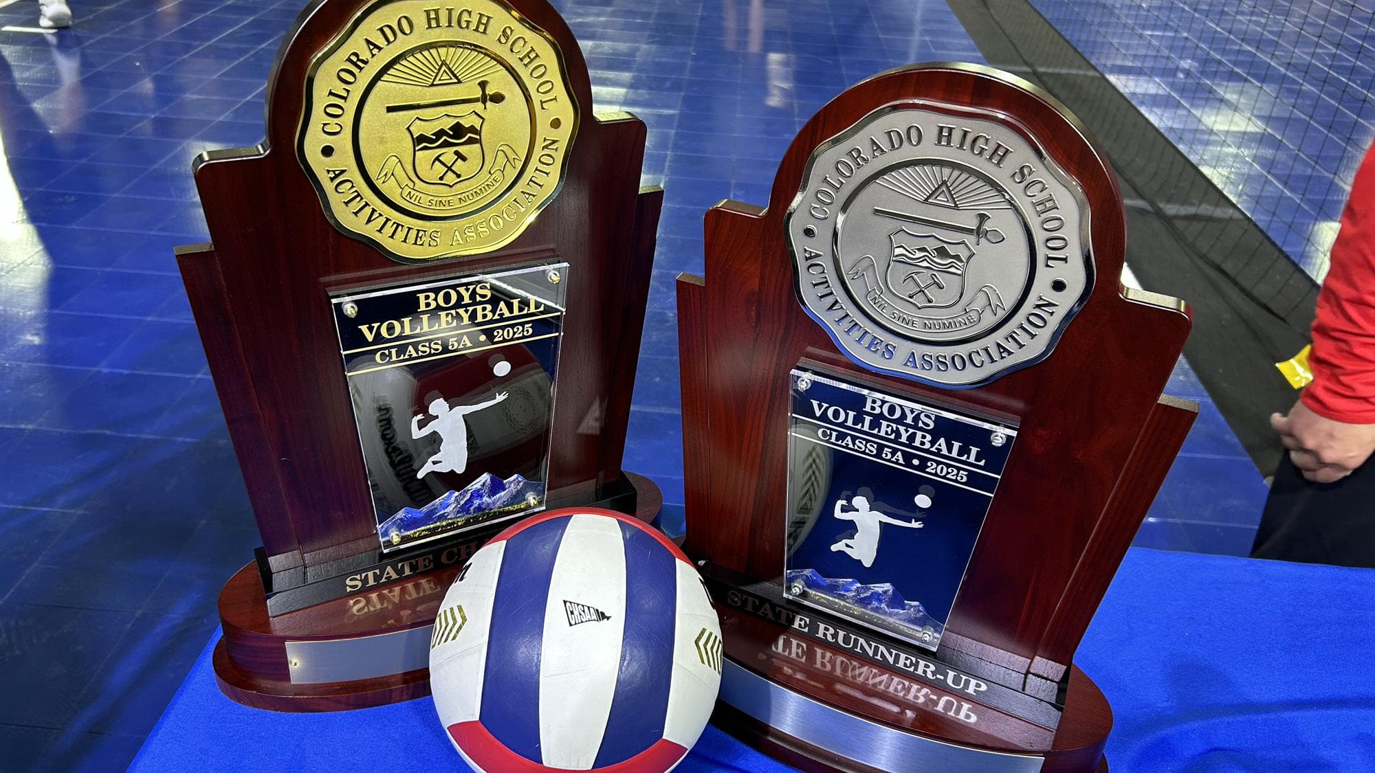 Boys volleyball with trophies