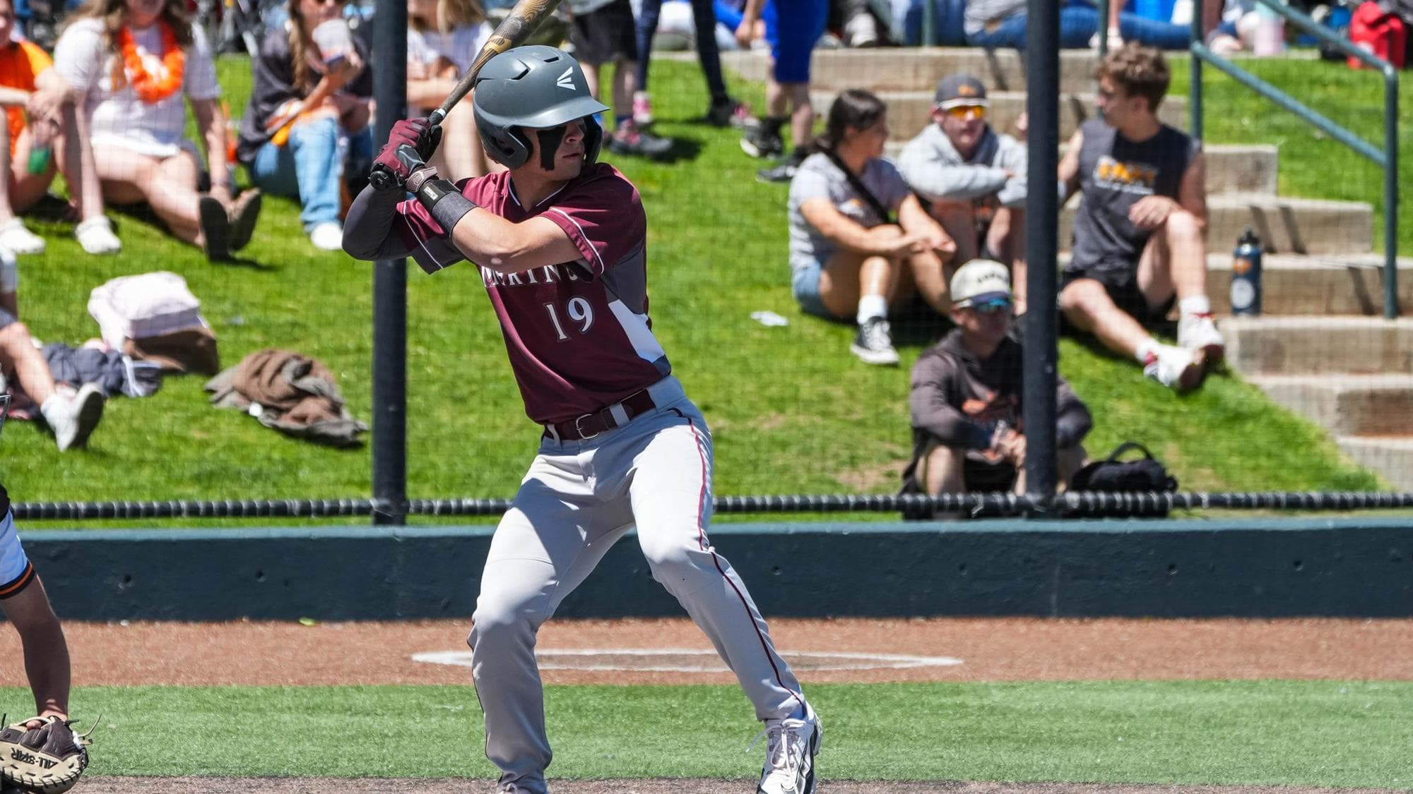 Merino's Zachary Mackintosh at the plate in a baseeball game