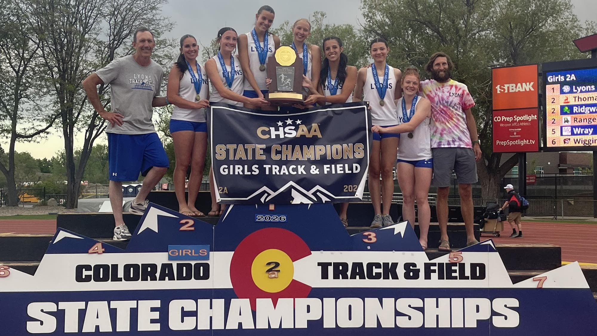 Lyons team photo after winning the 2A girls track state championship