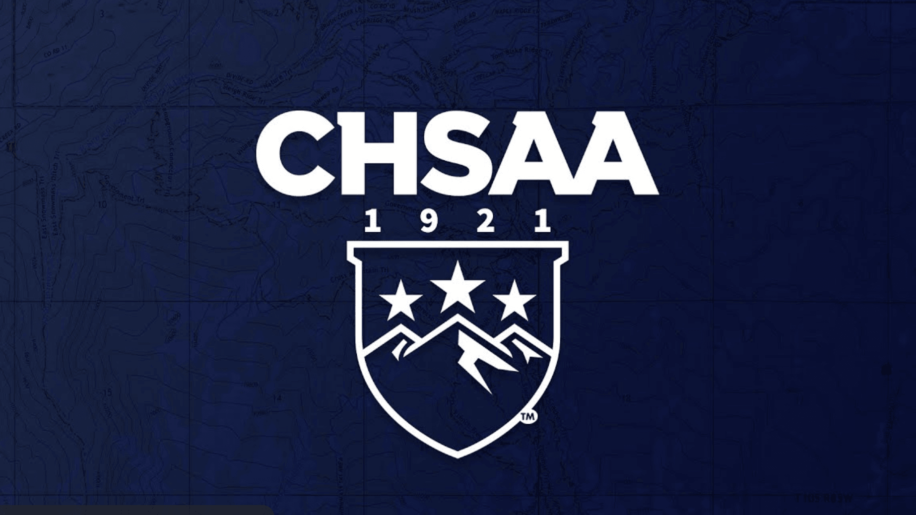 White CHSAA logo with blue brick background